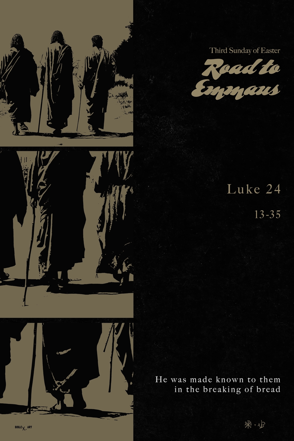 A design inspired by Luke 24:13-35, depicting the journey to Emmaus, the disciples’ recognition of Christ through the breaking of bread, and the hope and renewal found in His divine revelation.